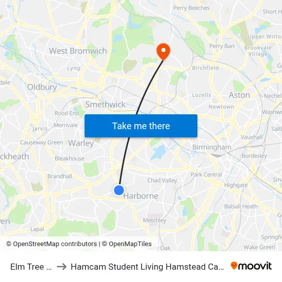Elm Tree Rd to Hamcam Student Living Hamstead Campus map