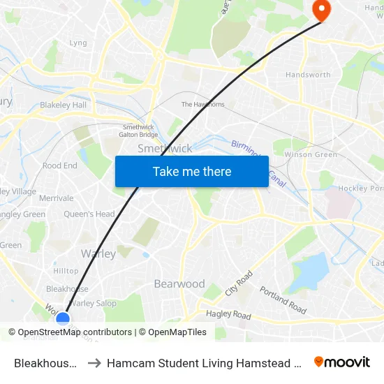 Bleakhouse Rd to Hamcam Student Living Hamstead Campus map