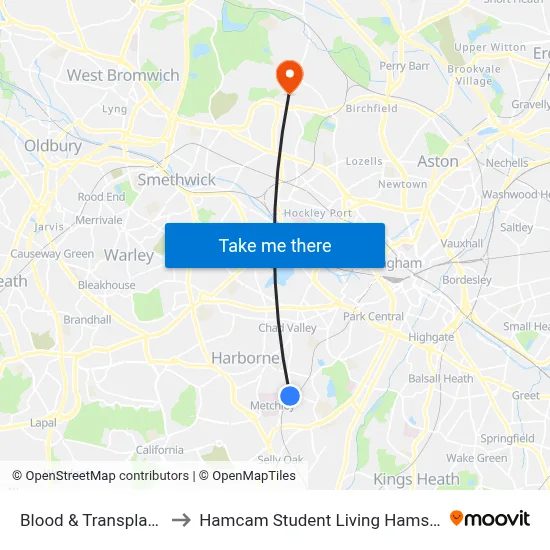 Blood & Transplant Centre to Hamcam Student Living Hamstead Campus map