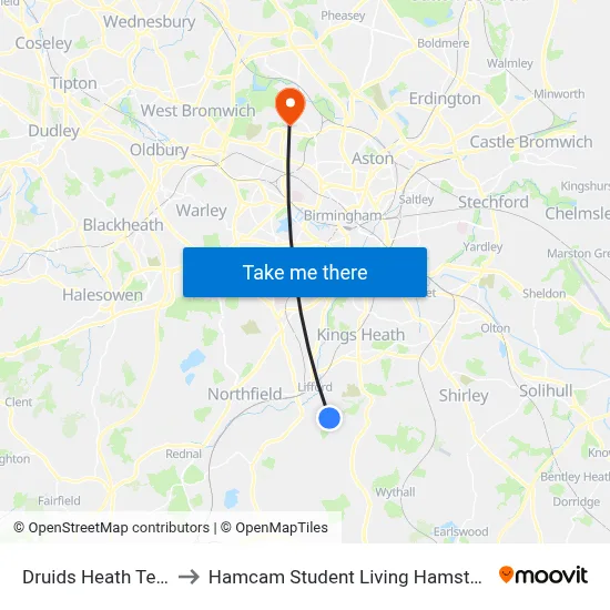 Druids Heath Terminus to Hamcam Student Living Hamstead Campus map