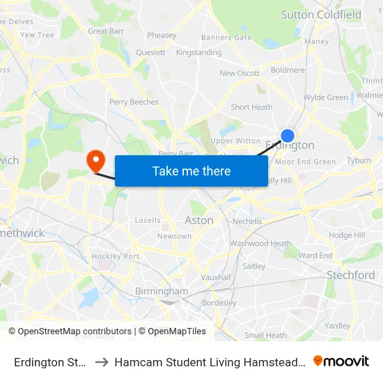 Erdington Station to Hamcam Student Living Hamstead Campus map