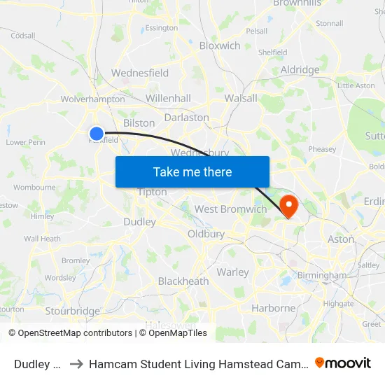 Dudley Rd to Hamcam Student Living Hamstead Campus map