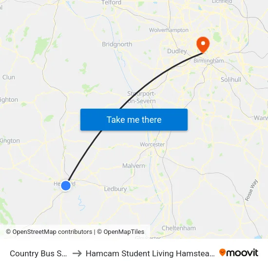 Country Bus Station to Hamcam Student Living Hamstead Campus map