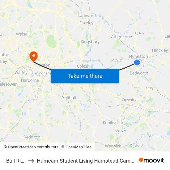 Bull Ring to Hamcam Student Living Hamstead Campus map