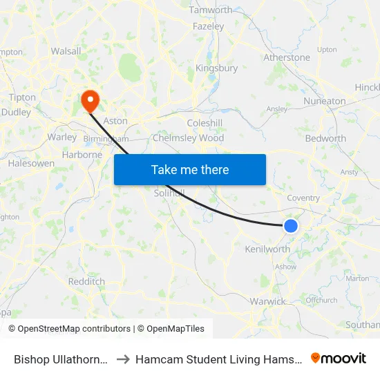 Bishop Ullathorne School to Hamcam Student Living Hamstead Campus map