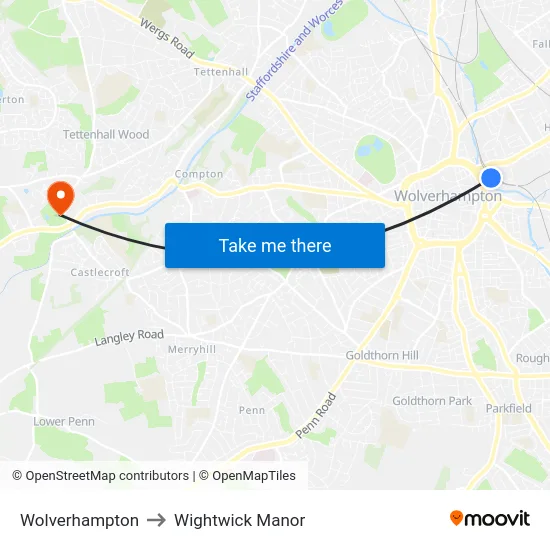 Wolverhampton to Wightwick Manor map