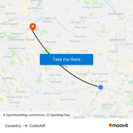 Coventry to Coleshill map
