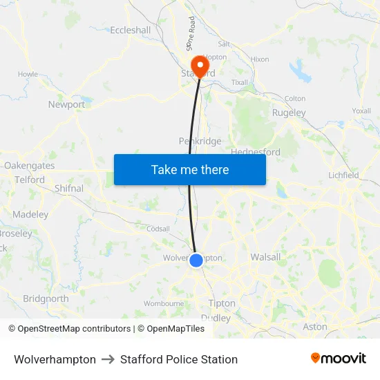 Wolverhampton to Stafford Police Station map