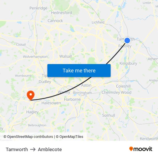 Tamworth to Amblecote map