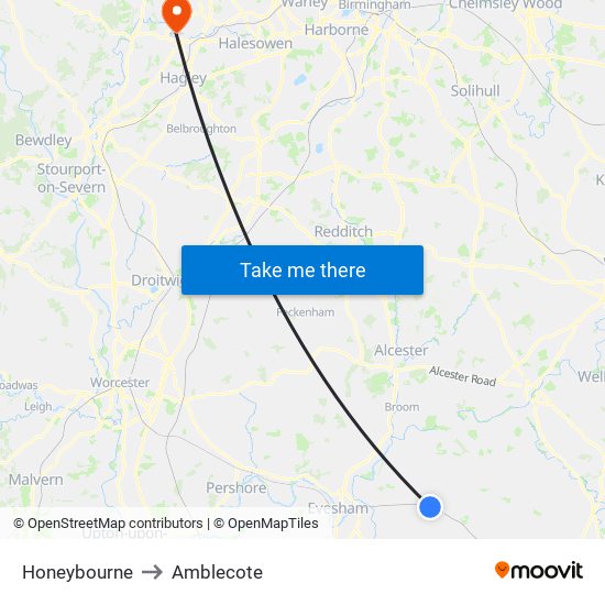 Honeybourne to Amblecote map