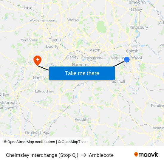 Chelmsley Interchange (Stop Cj) to Amblecote map