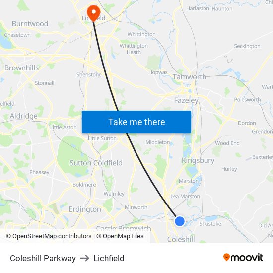 Coleshill Parkway to Lichfield map