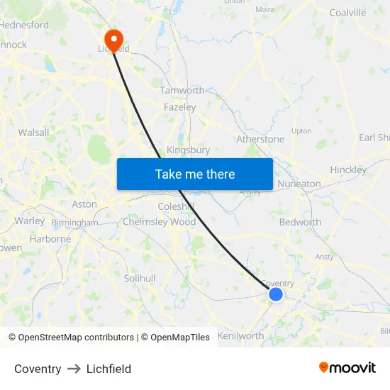 Coventry to Lichfield map