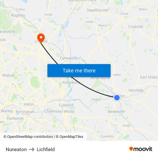 Nuneaton to Lichfield map