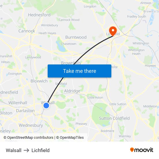 Walsall to Lichfield map