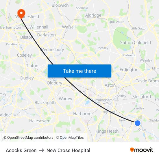 Acocks Green to New Cross Hospital map