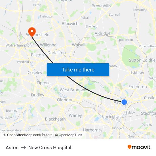 Aston to New Cross Hospital map