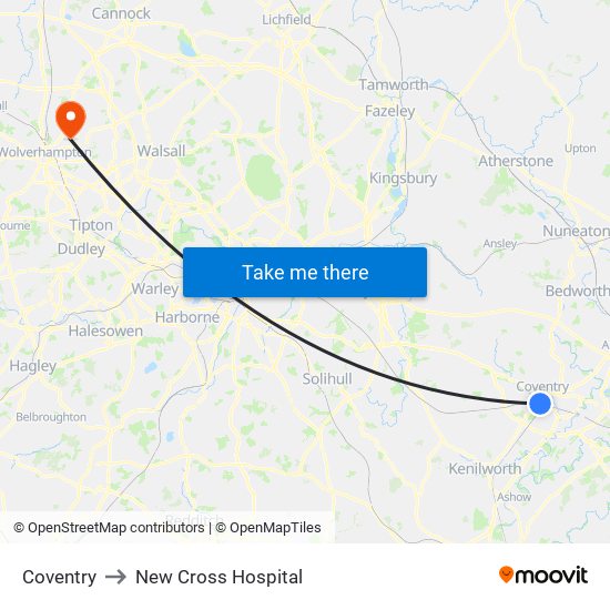 Coventry to New Cross Hospital map