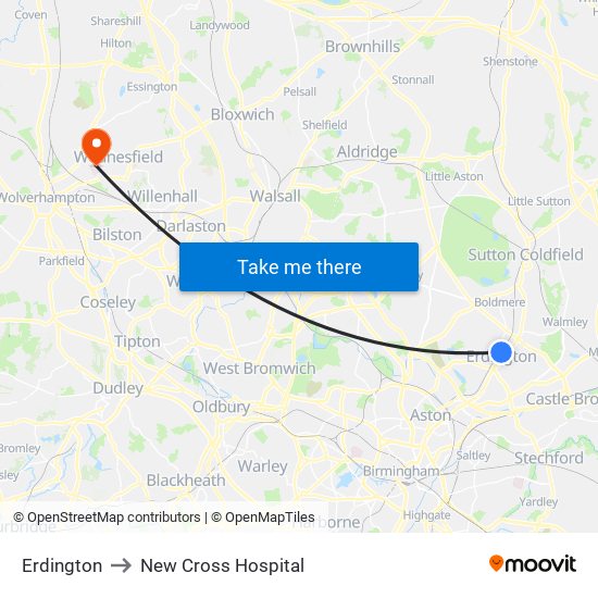 Erdington to New Cross Hospital map