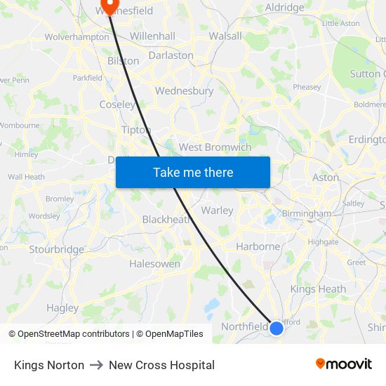 Kings Norton to New Cross Hospital map