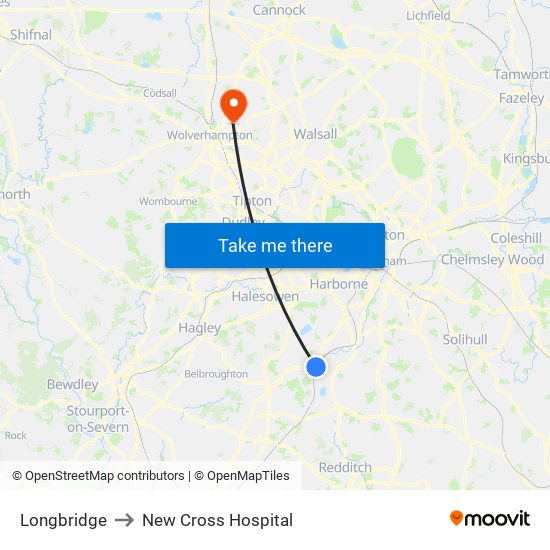 Longbridge to New Cross Hospital map