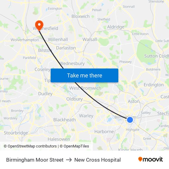 Birmingham Moor Street to New Cross Hospital map