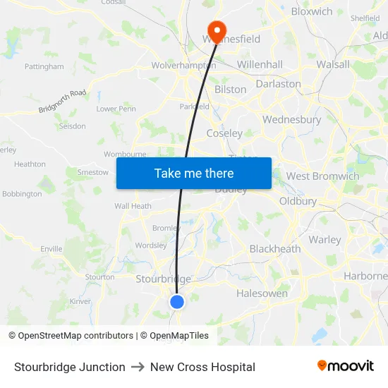 Stourbridge Junction to New Cross Hospital map