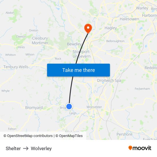 Shelter to Wolverley map