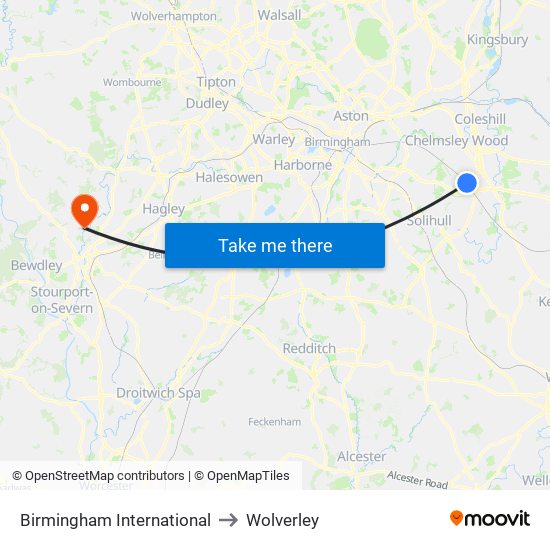 Birmingham International to Wolverley map