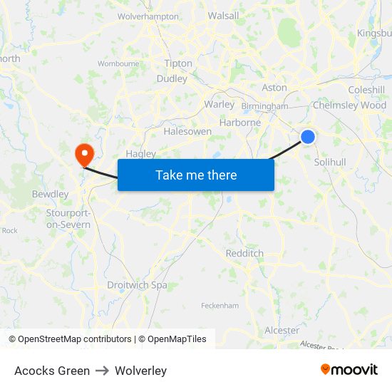 Acocks Green to Wolverley map