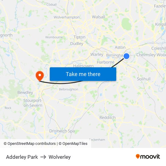 Adderley Park to Wolverley map