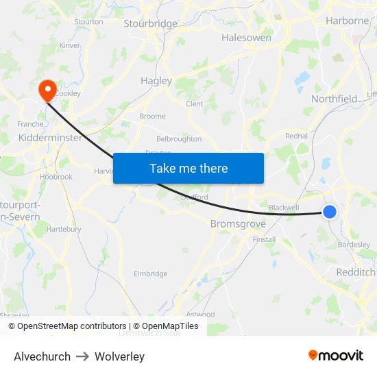 Alvechurch to Wolverley map