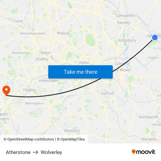 Atherstone to Wolverley map