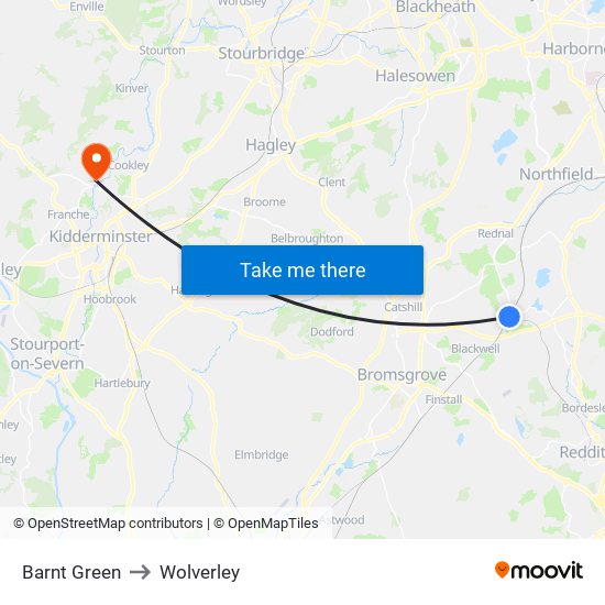 Barnt Green to Wolverley map