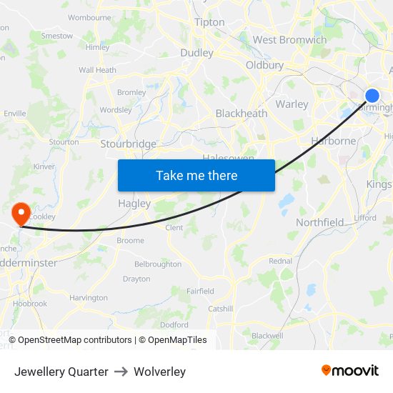 Jewellery Quarter to Wolverley map