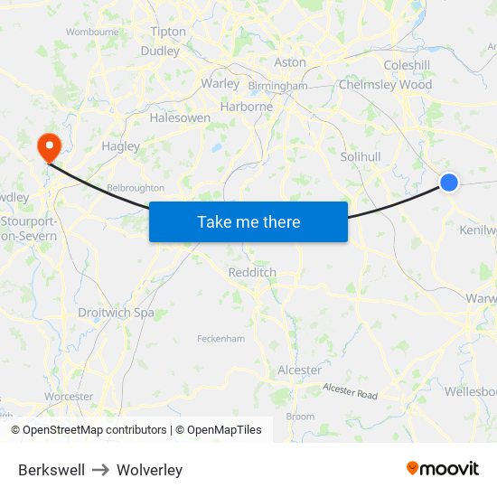 Berkswell to Wolverley map