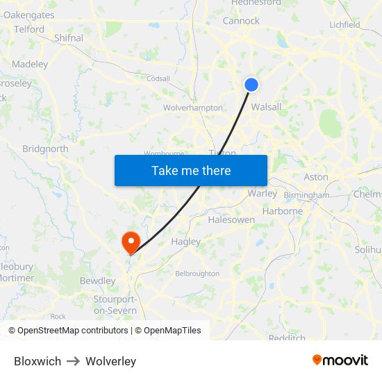 Bloxwich to Wolverley map