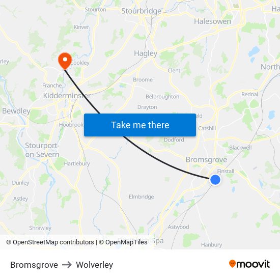 Bromsgrove to Wolverley map