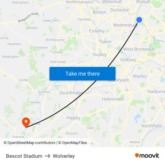 Bescot Stadium to Wolverley map