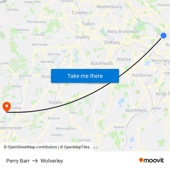 Perry Barr to Wolverley map