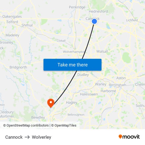 Cannock to Wolverley map