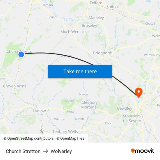 Church Stretton to Wolverley map