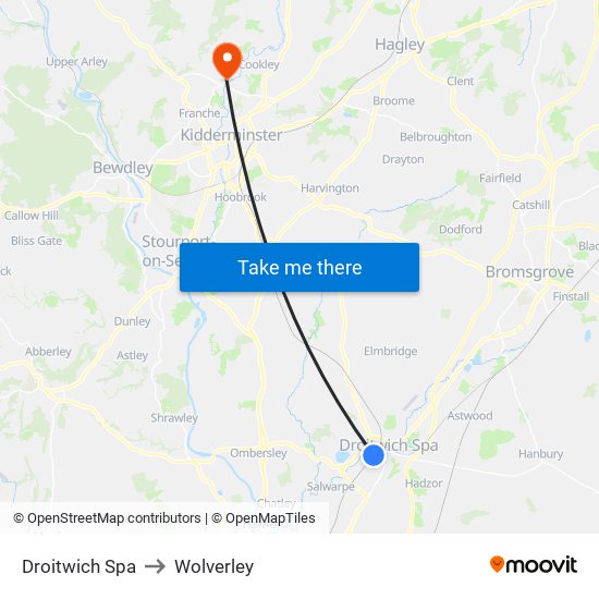 Droitwich Spa to Wolverley map