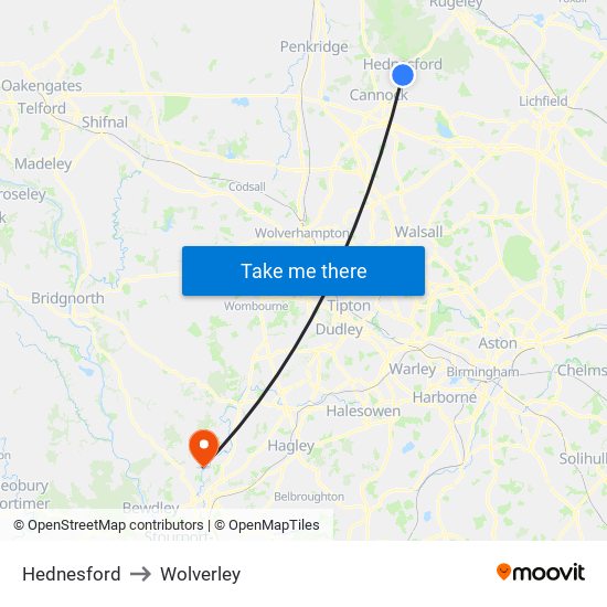 Hednesford to Wolverley map