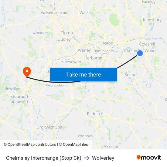 Chelmsley Interchange (Stop Ck) to Wolverley map