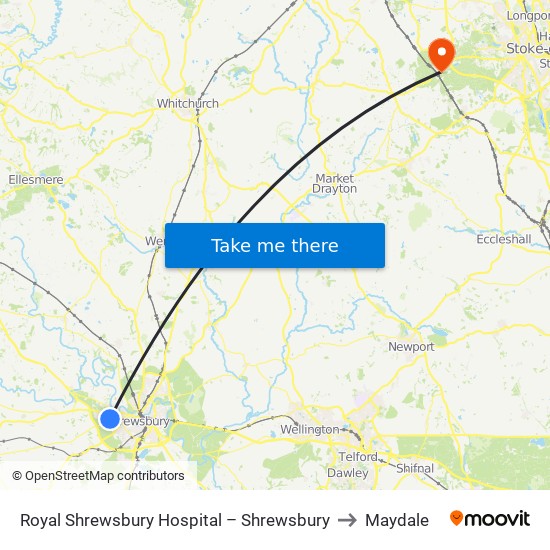 Royal Shrewsbury Hospital – Shrewsbury to Maydale map