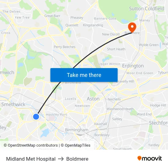 Midland Met Hospital to Boldmere map