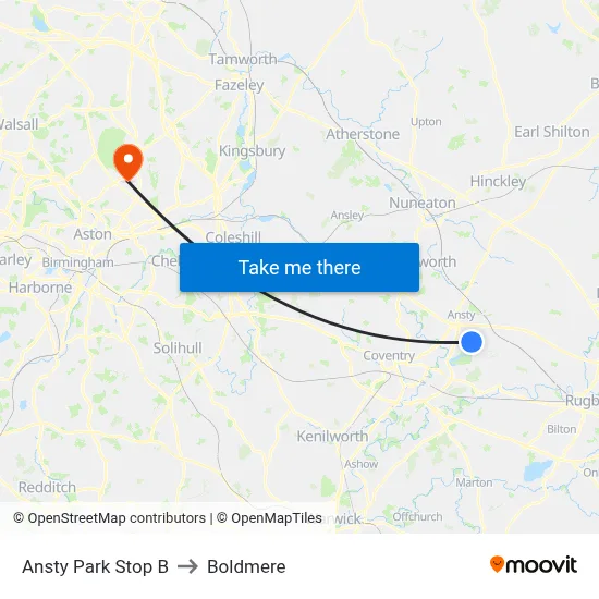 Ansty Park Stop B to Boldmere map