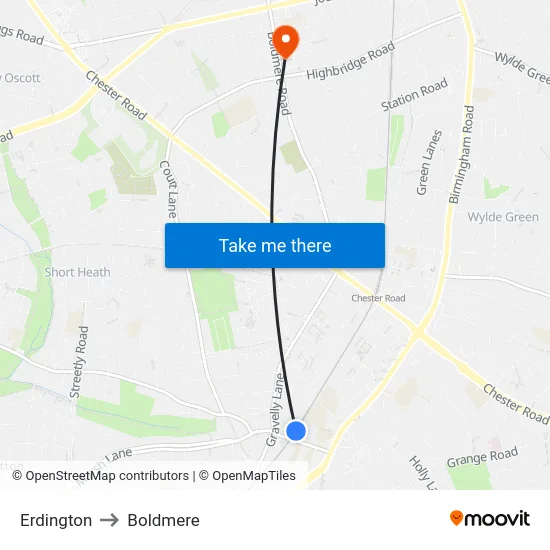 Erdington to Boldmere map
