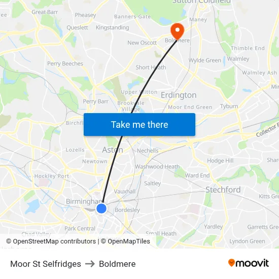 Moor St Selfridges to Boldmere map